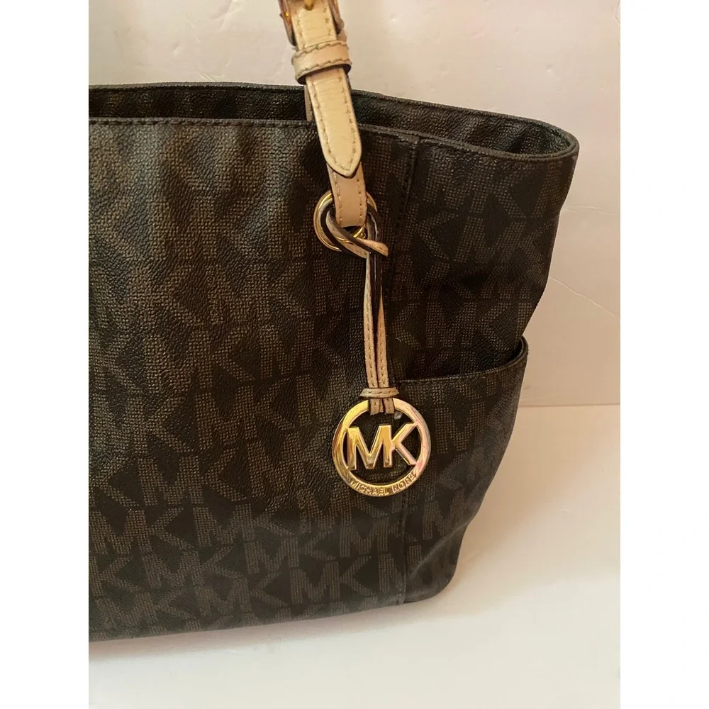 Michael Kors Jet Set Travel Tote Bag Brown Signature Logo MK Gold Hardware